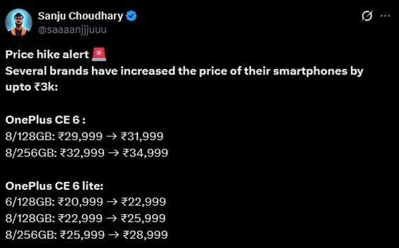 OnePlus Nord CE 6 price increase information on X