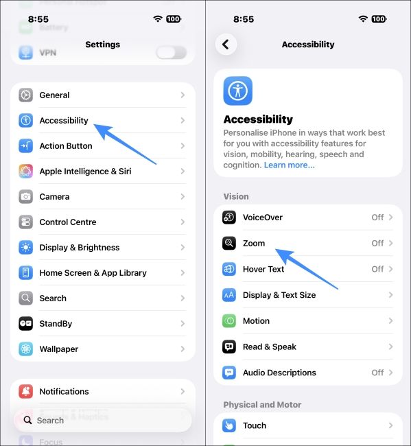 Open Zoom Accessibility Settings in iPhone