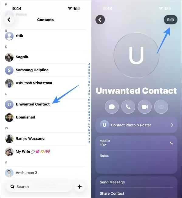 Open a contact card on iPhone