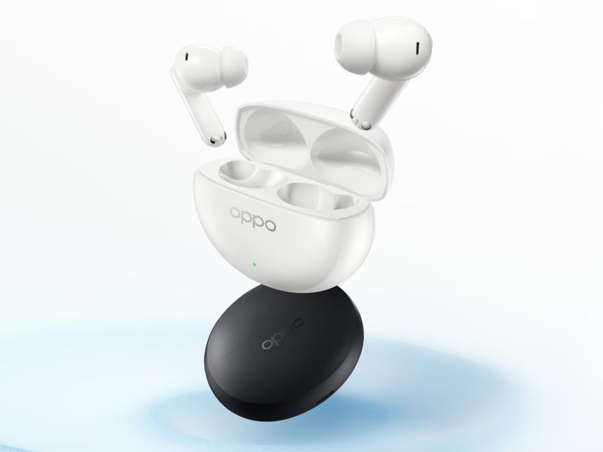 Oppo Enco Air 5 Pro earbuds in black and white colours on a blue background