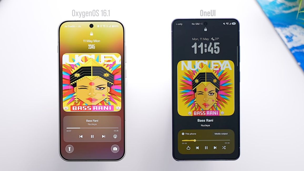 OxygenOS 16 point 1 next to One UI lockscreen media player showcase OxygenOS 16 point 1 next to One UI lockscreen media player showcase