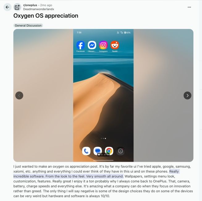 OxygenOS user review on Reddit OxygenOS user review on Reddit