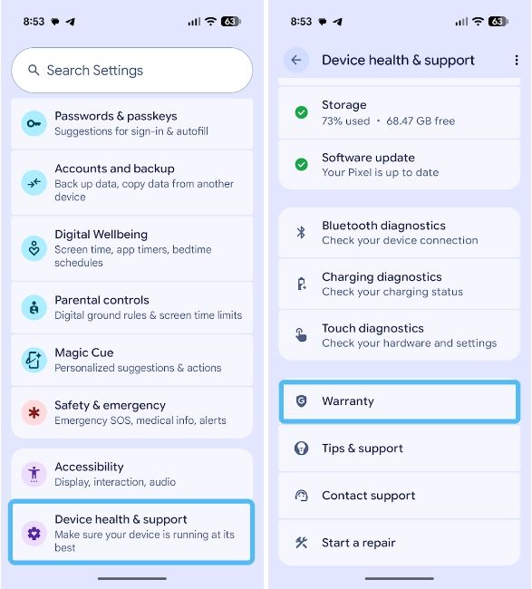 Google Pixel Settings app with Device health and support Google Pixel Settings app with Device health and support