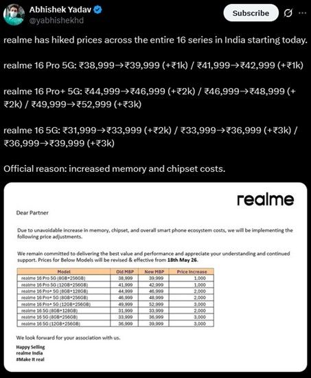 Realme 16 series price increase release document