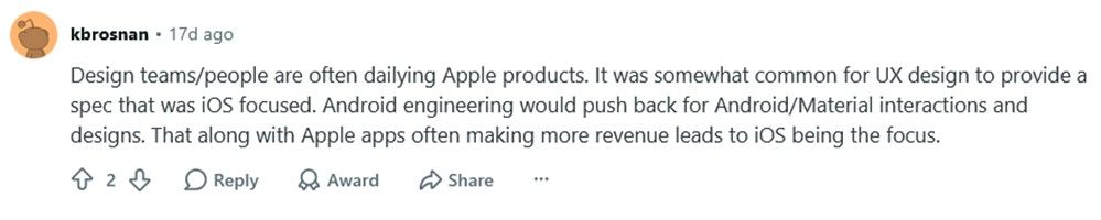 Reddit user talking about Apple and Google's structural differences