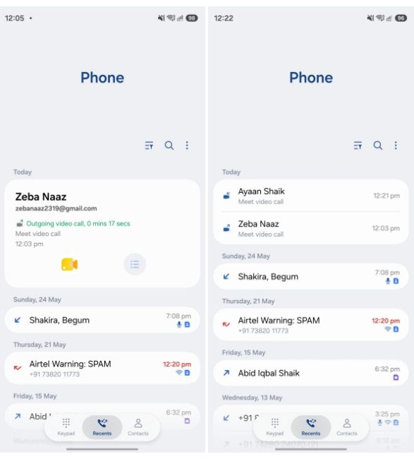 Samsung dialer app home screen showing calls from Google Meet
