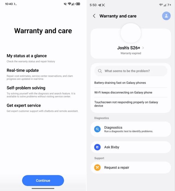 screenshot of warranty and care hub app on one ui 9 screenshot of warranty and care hub app on one ui 9