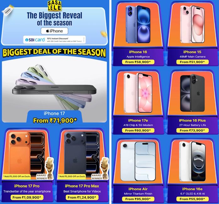 iPhone Flipkart SASA Sale deals for iPhone 17, iPhone 16, iPhone 15, iPhone Air