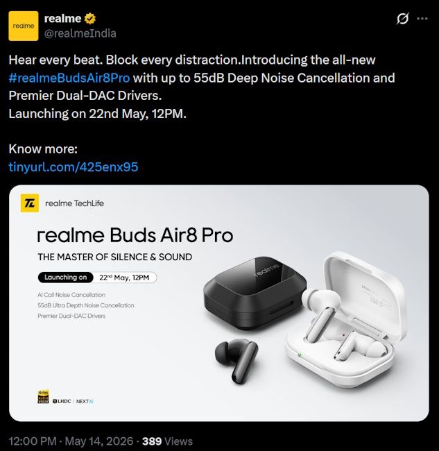 Realme Buds Air 8 Pro India launch date confirmed with specs