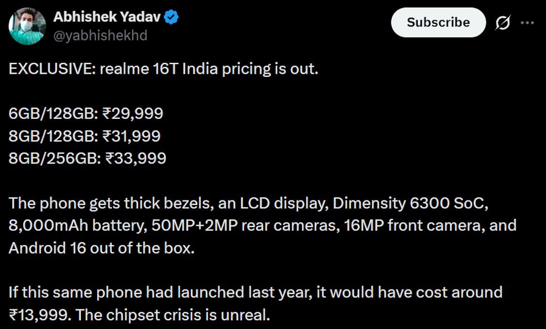 Realme 16T price in India and some key specs leak ahead of launch