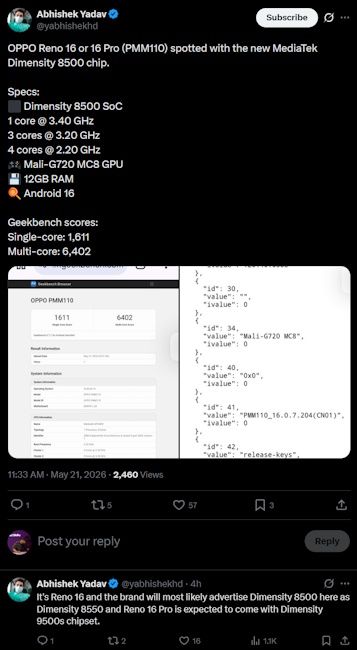 Oppo Reno 16 Geekbench listing spotted