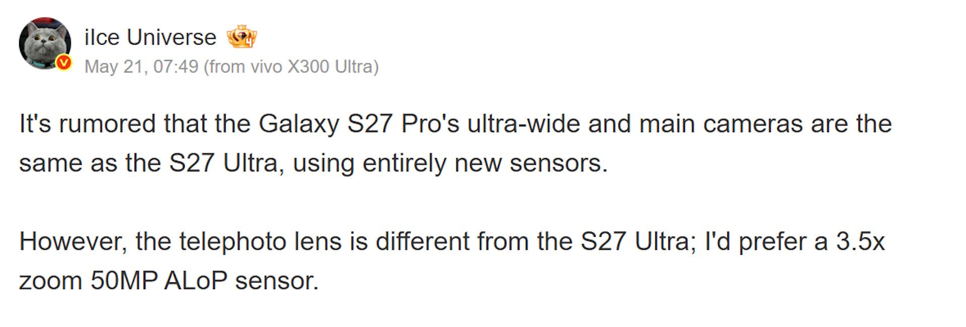 Samsung Galaxy S27 Pro leaked camera details