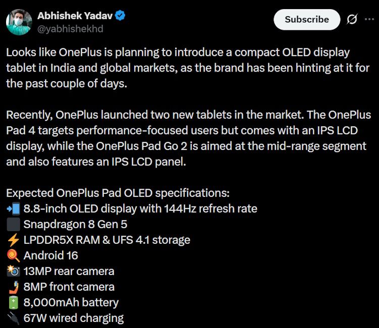 OnePlus compact tablet tipped for India