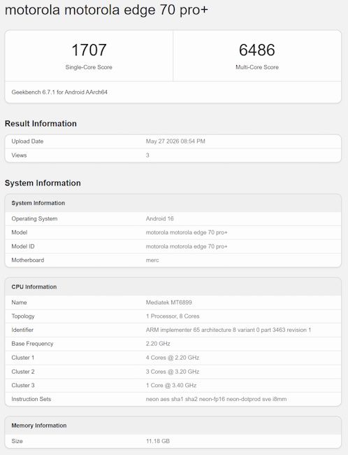 Motorola Edge 70 Pro+ single-core and multi-core scores Motorola Edge 70 Pro+ single-core and multi-core scores