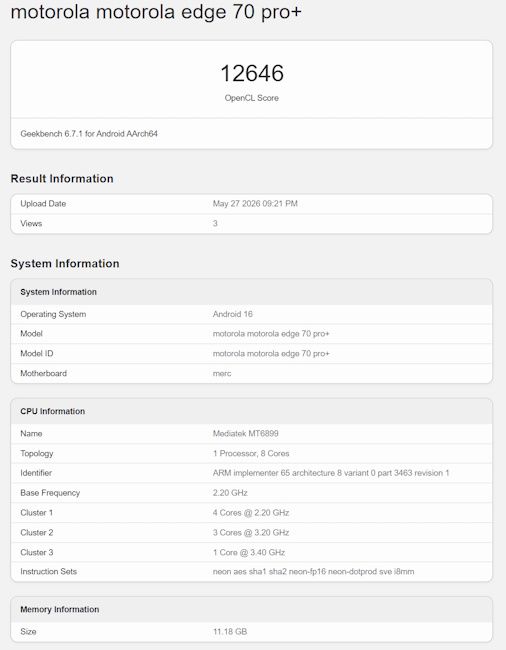 Motorola Edge 70 Pro+ OpenCL score Motorola Edge 70 Pro+ OpenCL score