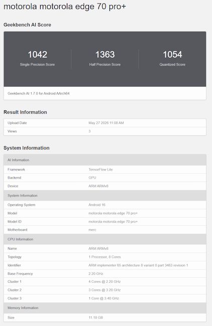 Motorola Edge 70 Pro+ Geekbench AI score Motorola Edge 70 Pro+ Geekbench AI score