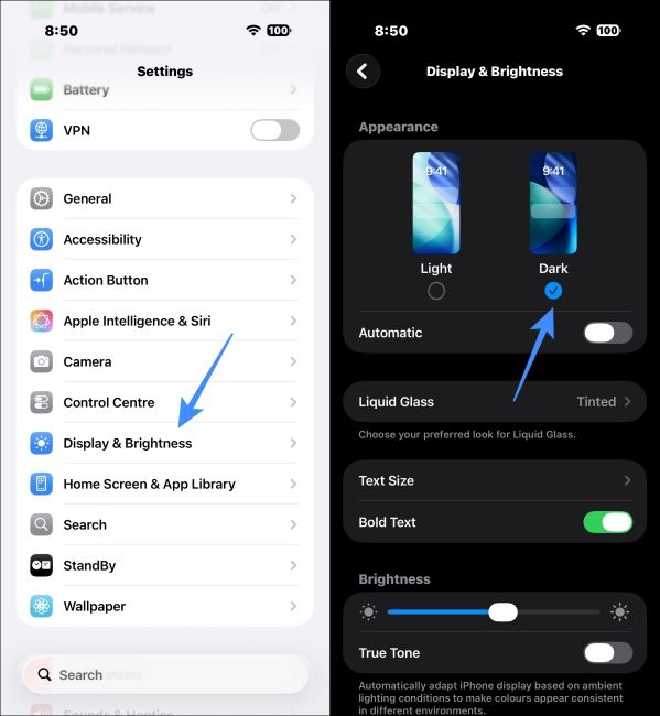 Select Dark Mode in iPhone Settings