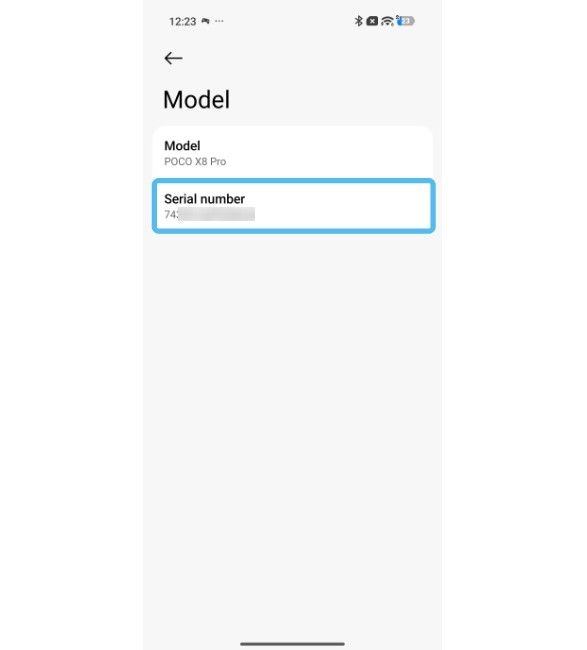 Xiaomi Model settings page with serial number Xiaomi Model settings page with serial number