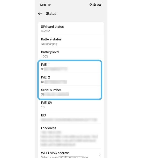 Oppo Settings status page with IMEI and Serial Numbers