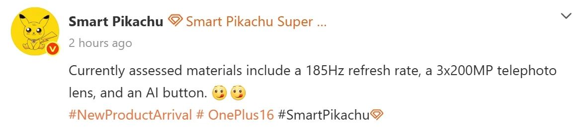 Smart Pikachu Weibo Post about OnePlus 16 