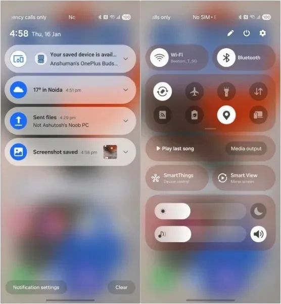 screenshot from samsung phone showing separate notification and qs panel