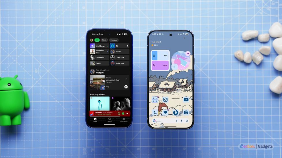Android phones running Spotify and on the home screen