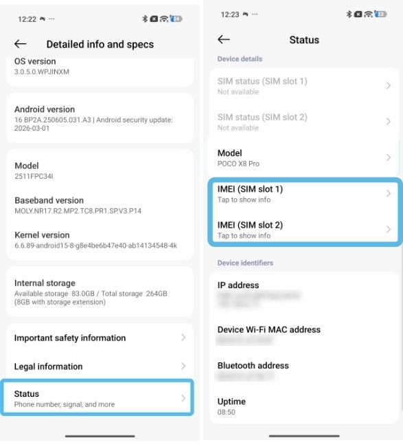 Xiaomi smartphone settings detailed info IMEI numbers Xiaomi smartphone settings detailed info IMEI numbers