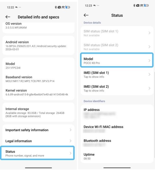 Details specifications page xiaomi settings with status and model Details specifications page xiaomi settings with status and model