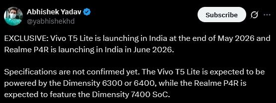 Vivo T5 Lite and Realme P4R launch details information on X