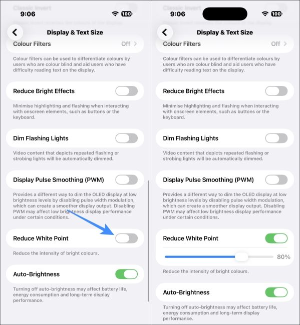 Toggle on Reduce White Point Setting