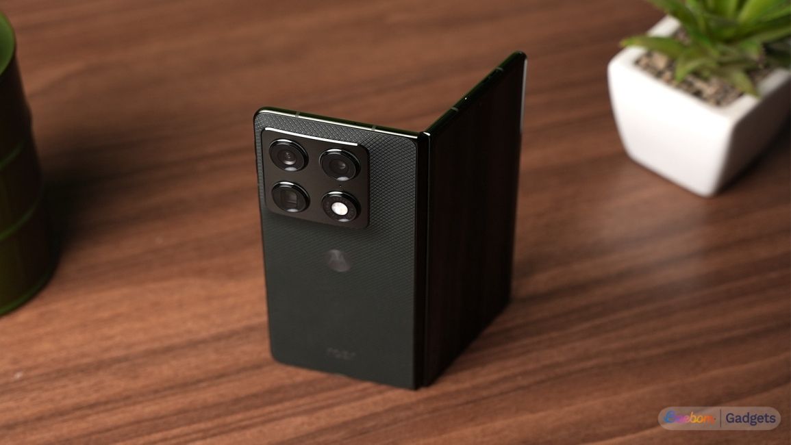 Top down shot of the Motorola Razr Fold half folded