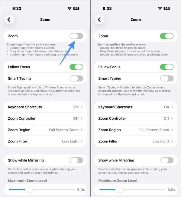 Turn on Zoom Settings on iPhone