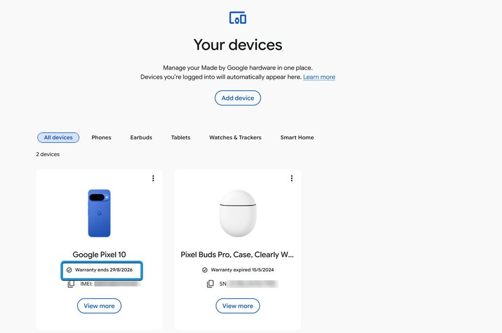 Google Pixel 10 smartphone in Your Devices page Google Pixel 10 smartphone in Your Devices page