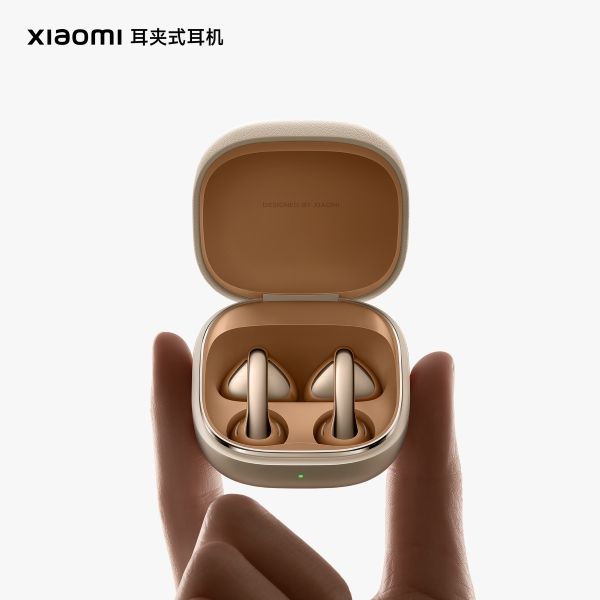 Xiaomi Clip-On style earbuds in golden colourway inside the case