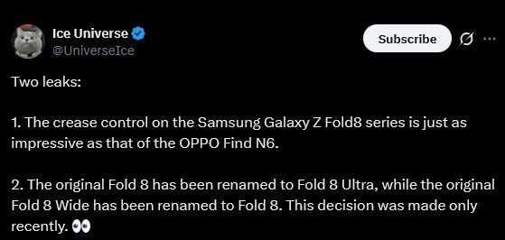 Galaxy Z Fold 8 series crease-free display information by Ice Universe on X Galaxy Z Fold 8 series crease-free display information by Ice Universe on X
