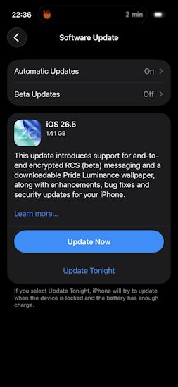 iOS 26.5 stable update page screenshot