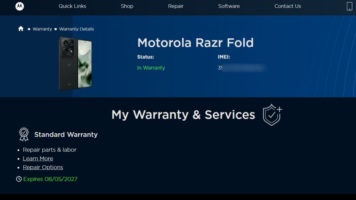 image of motorola's official website showing warranty information of razr fold image of motorola's official website showing warranty information of razr fold