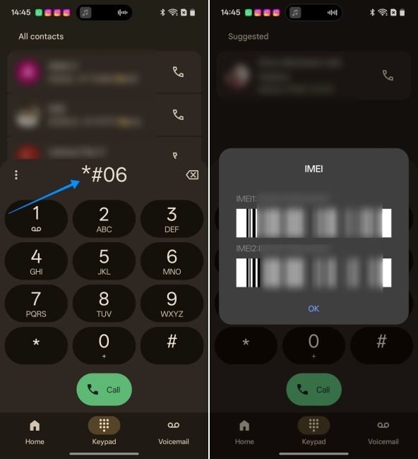 screenshot from a oneplus phone showing steps to find the serial number via dialer code