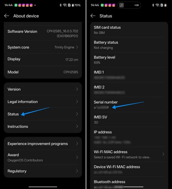 screenshot from a oneplus phone showing how to find the serial number via settings
