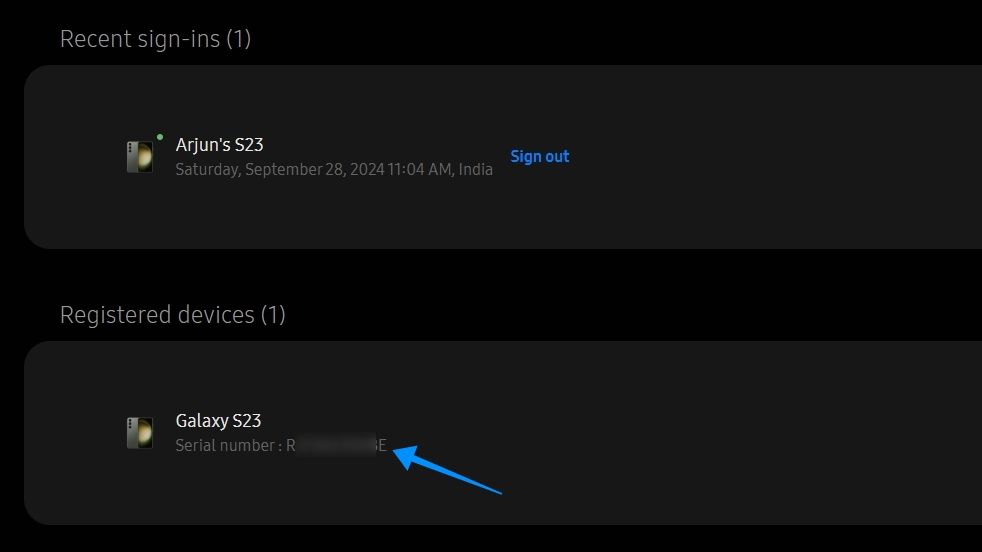 screenshot showing how to find serial number via samsung account devices page