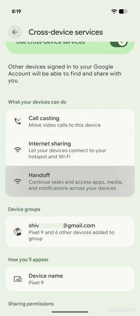 screenshot from pixel showing handoff feature