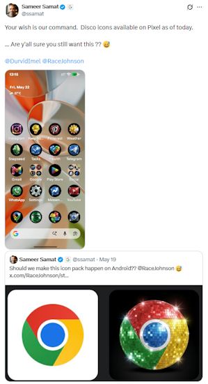 X post announcing disco icon packs rolling out for Pixel phones