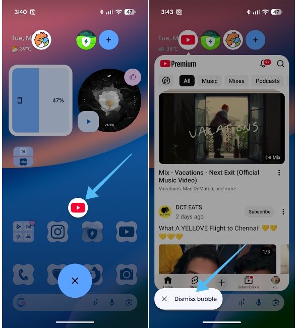 dismissing a bubble on an Android phone dismissing a bubble on an Android phone
