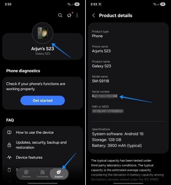 screenshot from a samsung phone showing how to find serial number via members app