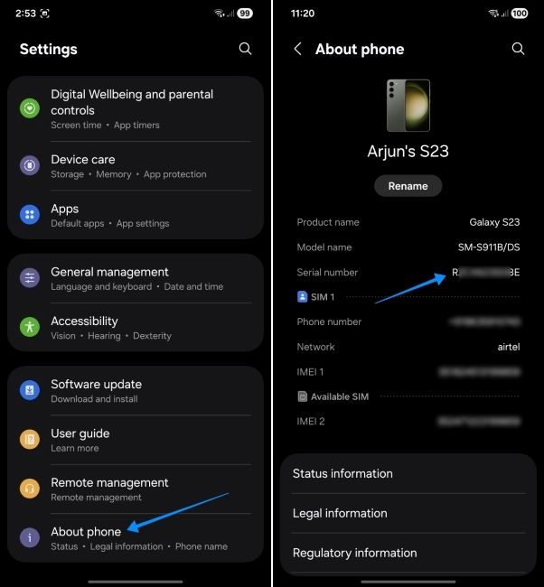 screenshot from a samsung phone showing how to find serial number via settings