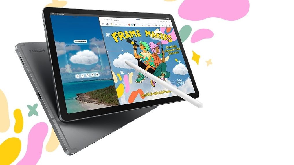 samsung galaxy tablet with stylus and colourful background