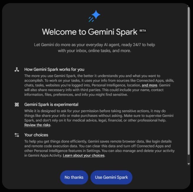 leaked screenshot from an upcoming gemini spark ai agent