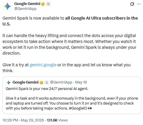 Screenshot of official X post announcing Gemini Spark U.S. rollout