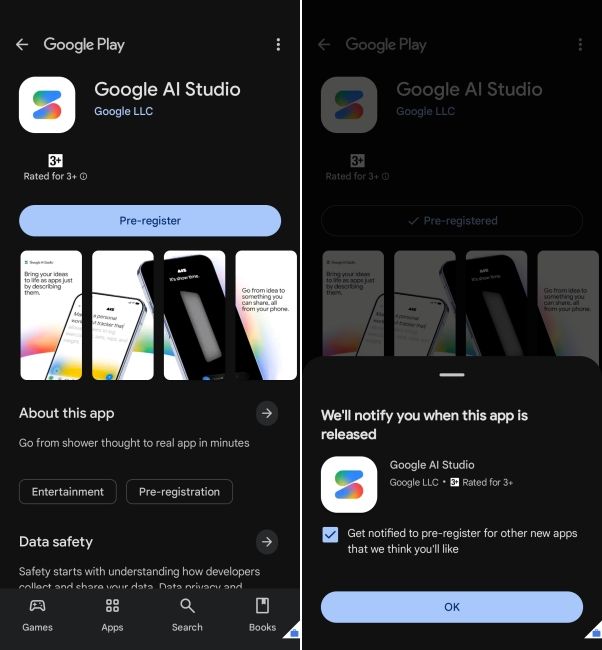 screenshot of google ai studio app on play store