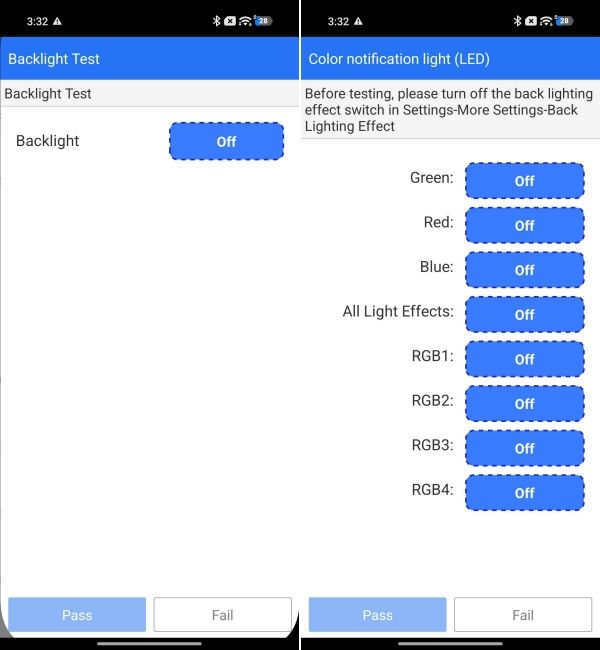 screenshot from xiaomi phone showing how to test hardware components using secret codes